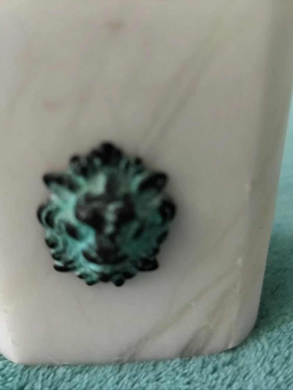Vintage Italian Alabaster Desk Paperweight - Verdigris Lion Head & Fan Handle